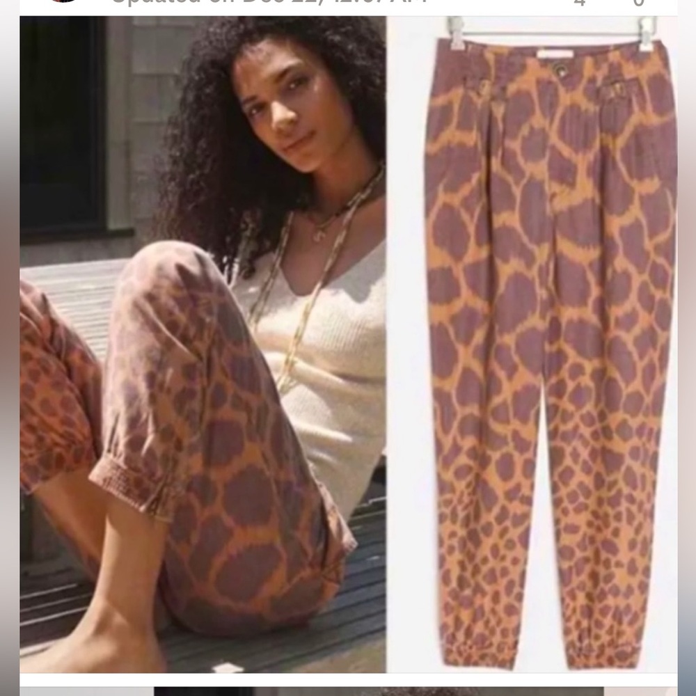 Anthropologie Tamarind Brown Animal Print Linen Jogger sz 10